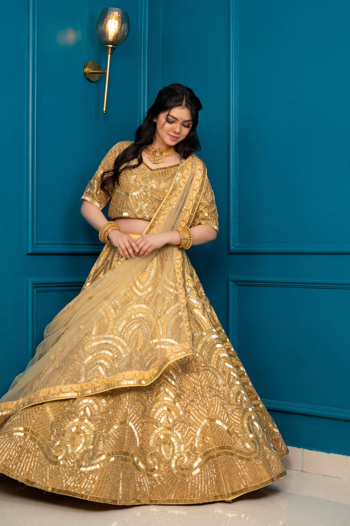 Champagne Cutdana Swirls Lehenga Set, Customizable, Made to Order