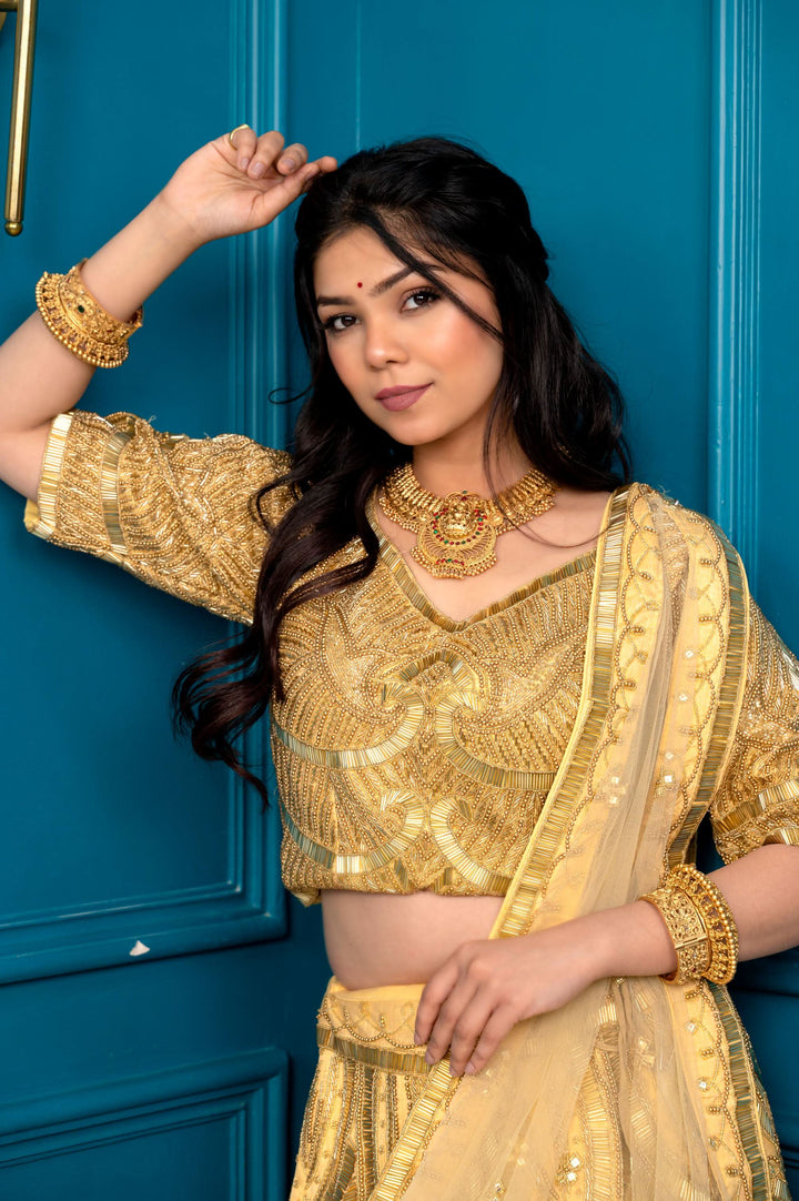 Champagne Cutdana Swirls Lehenga Set, Customizable, Made to Order