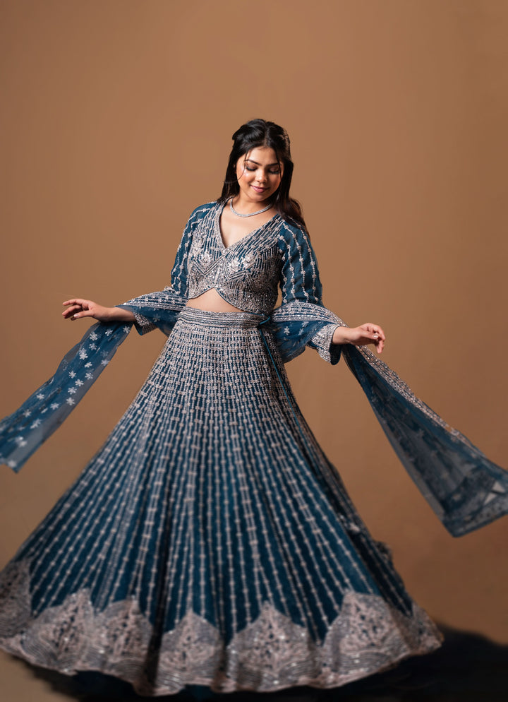 Persian Blue Lehenga with with mirror work and embroidery, Customizable, Made to Order