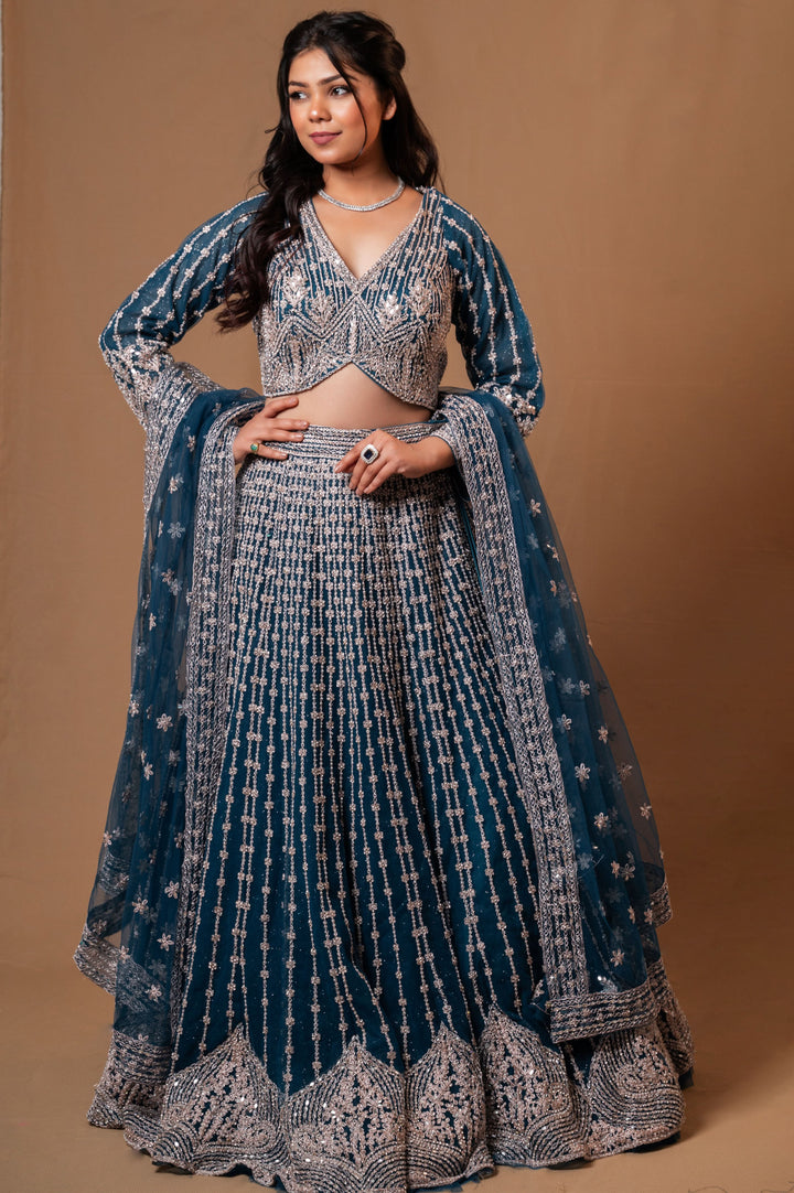 Persian Blue Lehenga with with mirror work and embroidery, Customizable, Made to Order