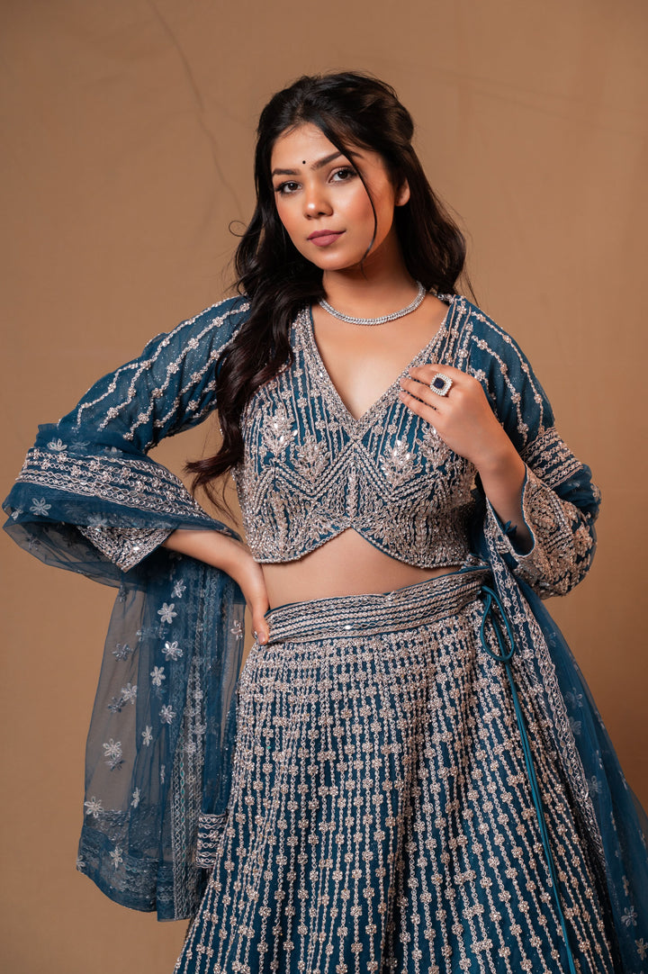 Persian Blue Lehenga with with mirror work and embroidery, Customizable, Made to Order