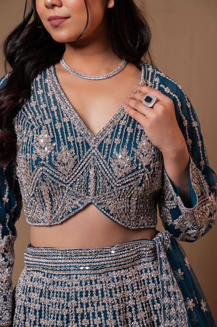 Persian Blue Lehenga with with mirror work and embroidery, Customizable, Made to Order