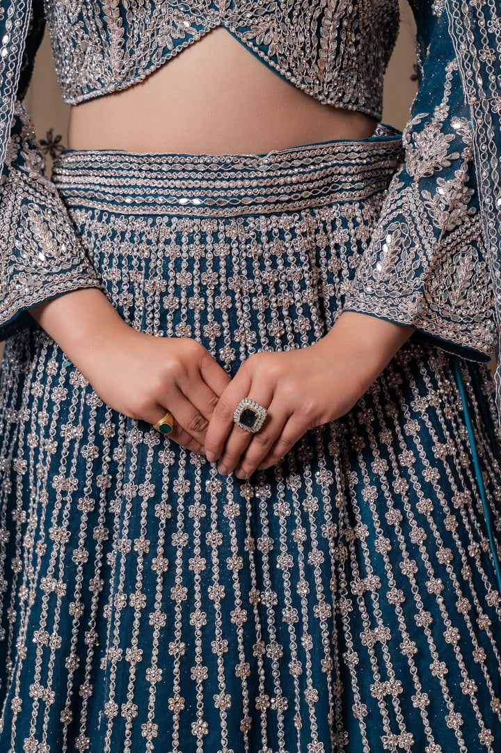 Persian Blue Lehenga with with mirror work and embroidery, Customizable, Made to Order