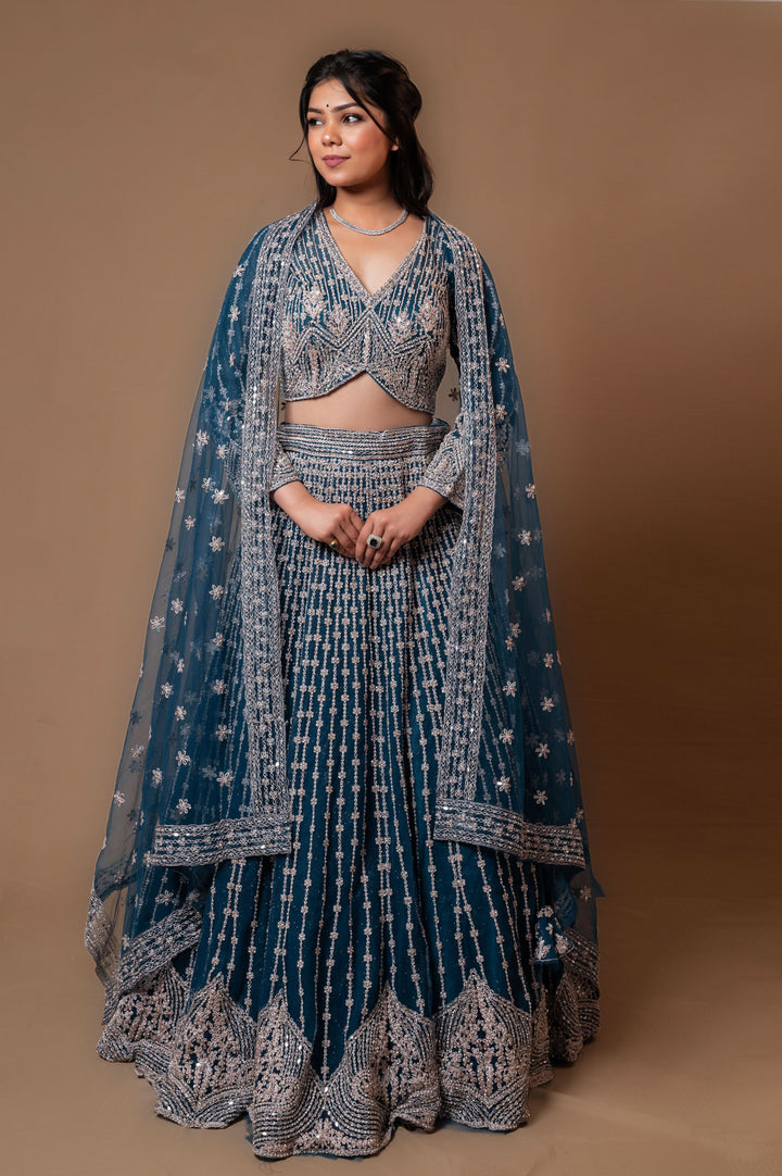 Persian Blue Lehenga with with mirror work and embroidery, Customizable, Made to Order