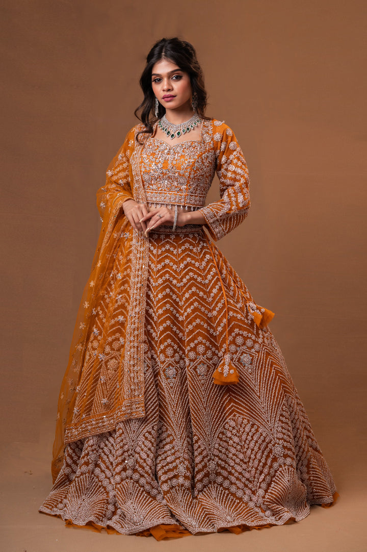 Rust Orange Embellished Lehenga with embroidery, Customizable, Made to Order