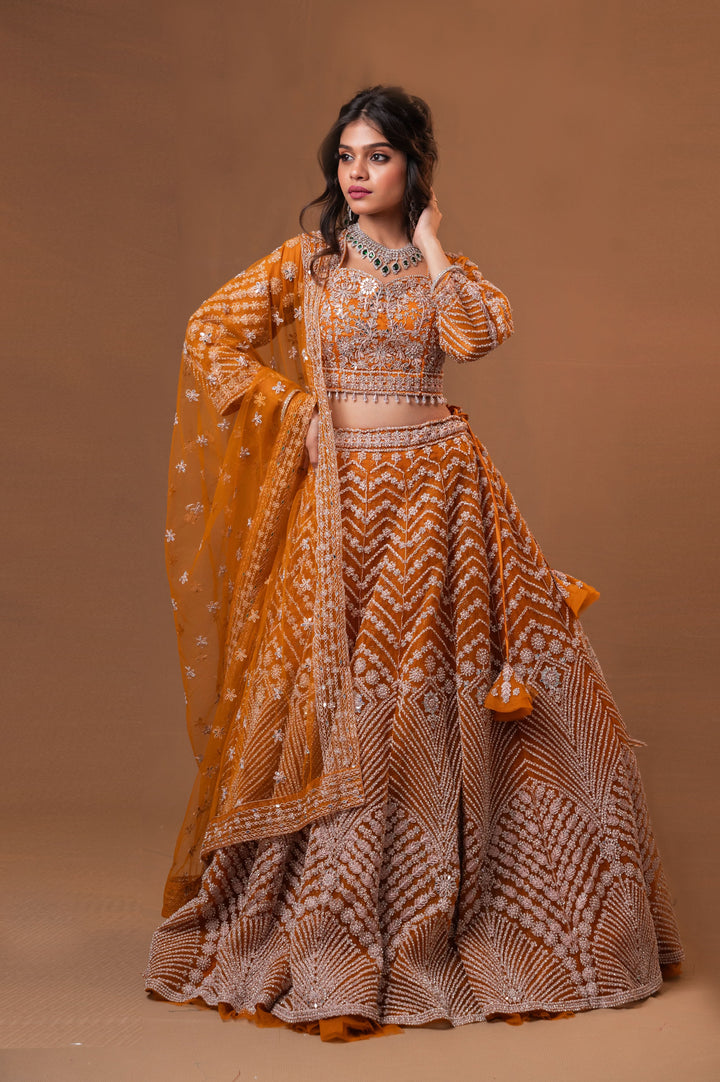 Rust Orange Embellished Lehenga with embroidery, Customizable, Made to Order