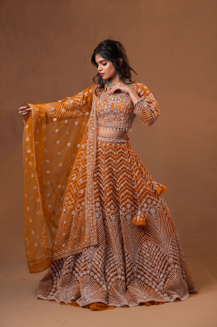 Rust Orange Embellished Lehenga with embroidery, Customizable, Made to Order