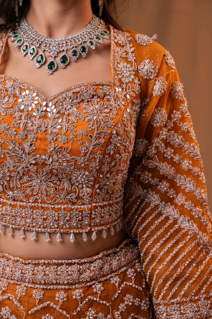 Rust Orange Embellished Lehenga with embroidery, Customizable, Made to Order