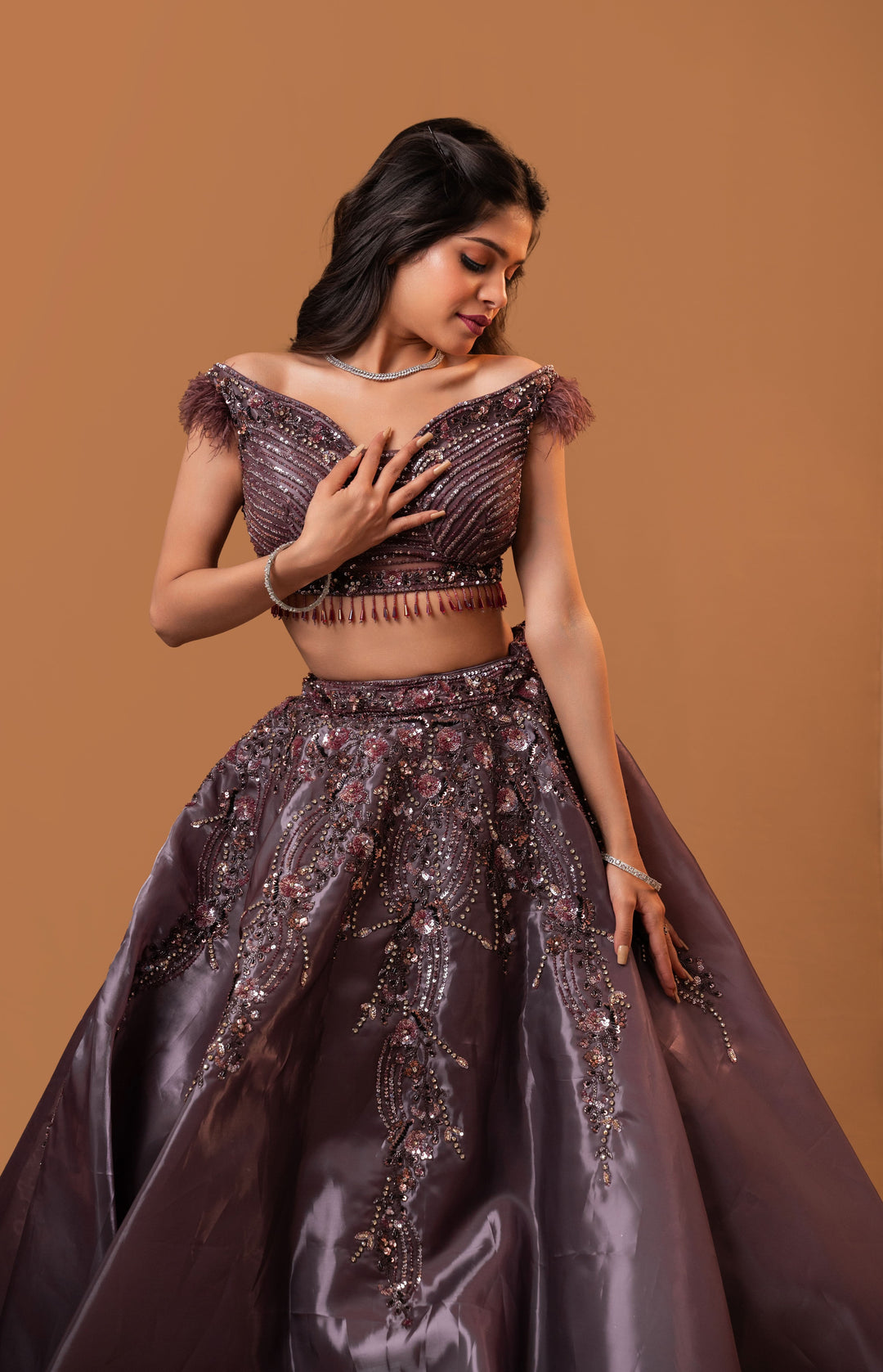 Metallic Gray Glass Organza Lehenga with embroidery and  light minimal dupatta, Customizable, Made to Order
