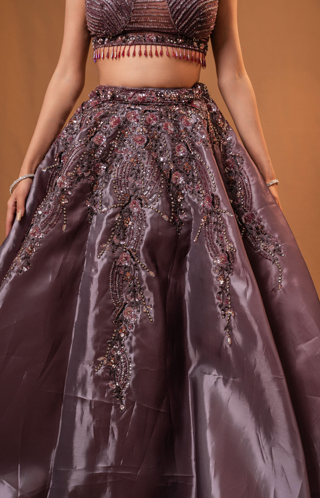 Metallic Gray Glass Organza Lehenga with embroidery and  light minimal dupatta, Customizable, Made to Order