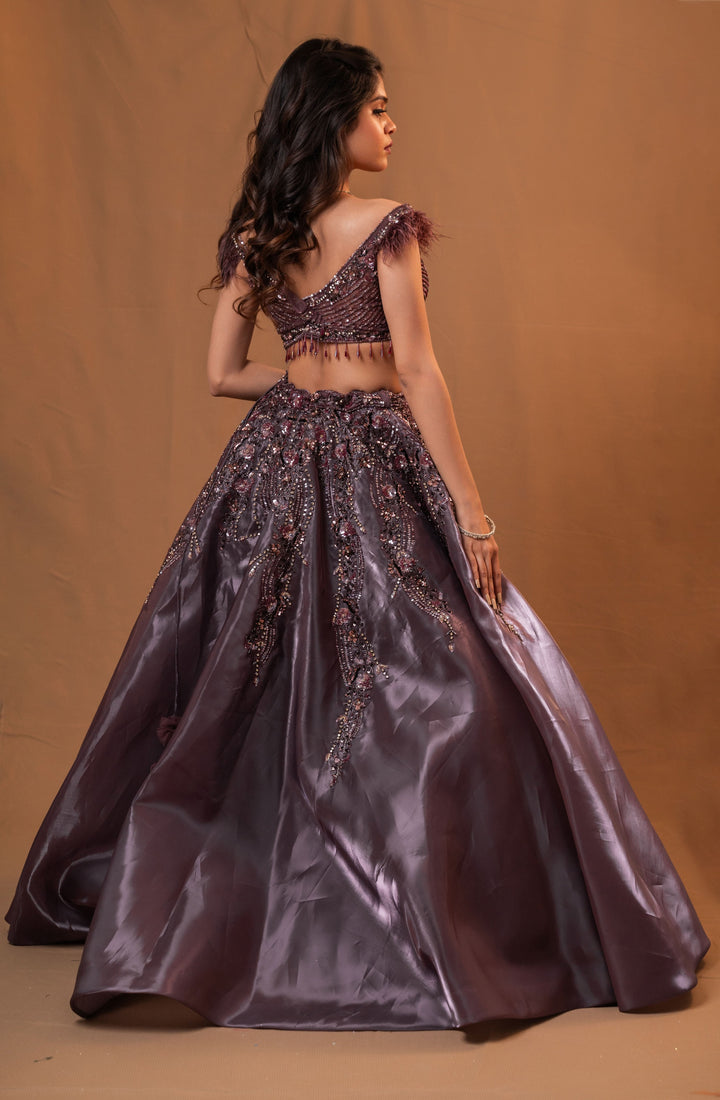 Metallic Gray Glass Organza Lehenga with embroidery and  light minimal dupatta, Customizable, Made to Order