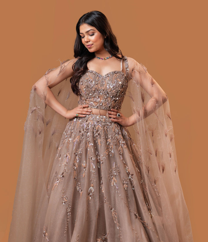 Exquisite Champagne Lehenga Set with 3D embroidery, Customizable, Made to Order