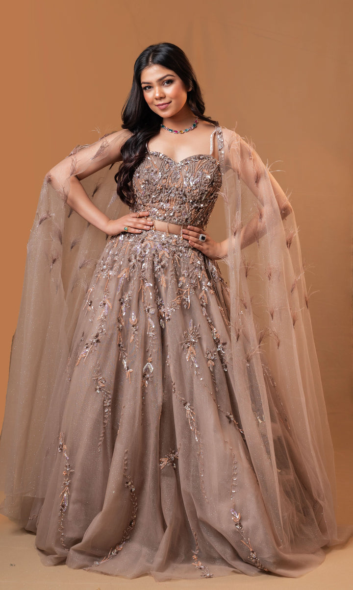 Exquisite Champagne Lehenga Set with 3D embroidery, Customizable, Made to Order