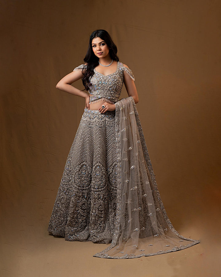 Gray Grace Lehenga with embroidery, Customizable, Made to Order