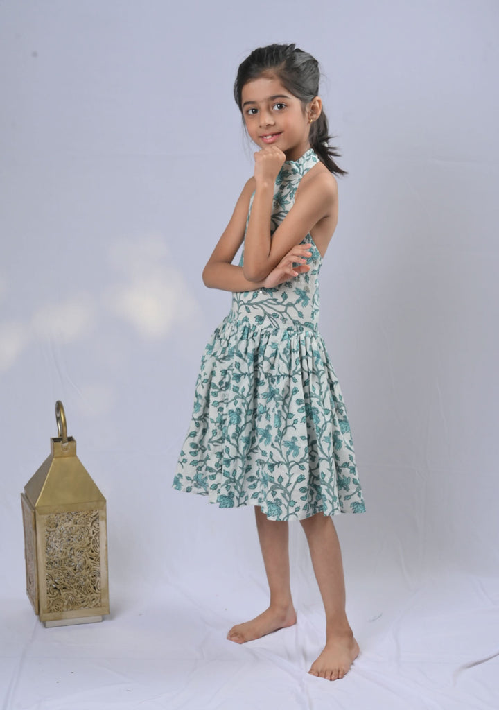 White Aqua Halter Cotton Dress with embroidery | Made To Order