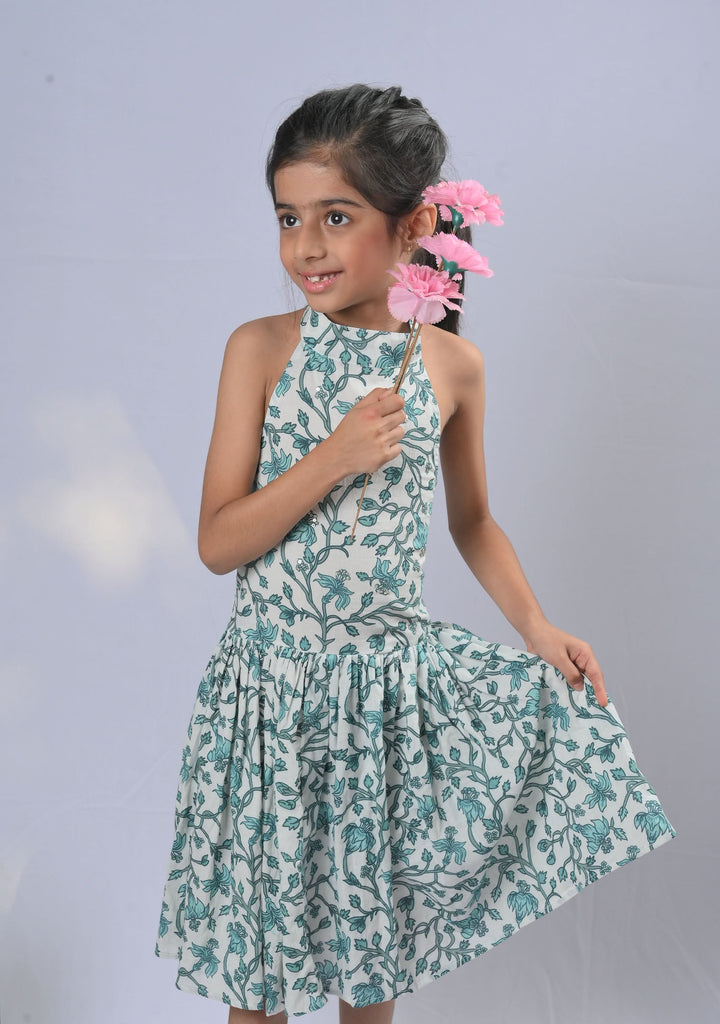 White Aqua Halter Cotton Dress with embroidery | Made To Order