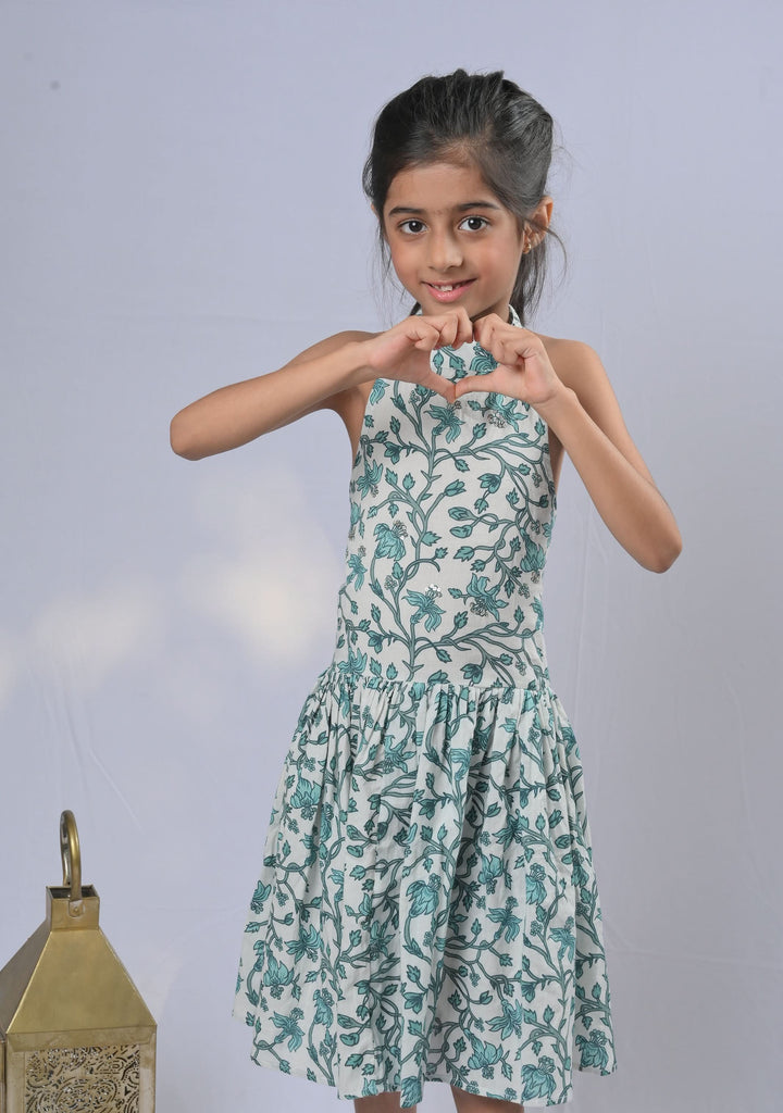 White Aqua Halter Cotton Dress with embroidery | Made To Order