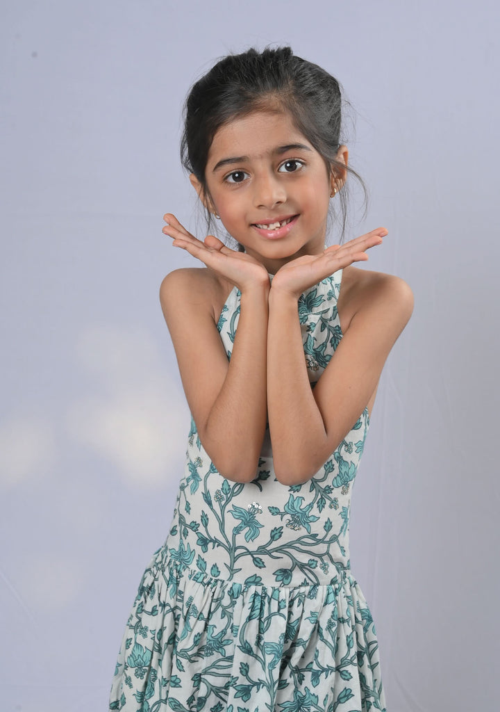 White Aqua Halter Cotton Dress with embroidery | Made To Order