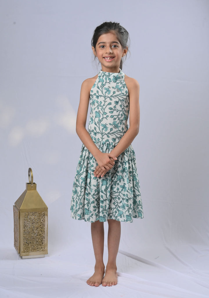 White Aqua Halter Cotton Dress with embroidery | Made To Order