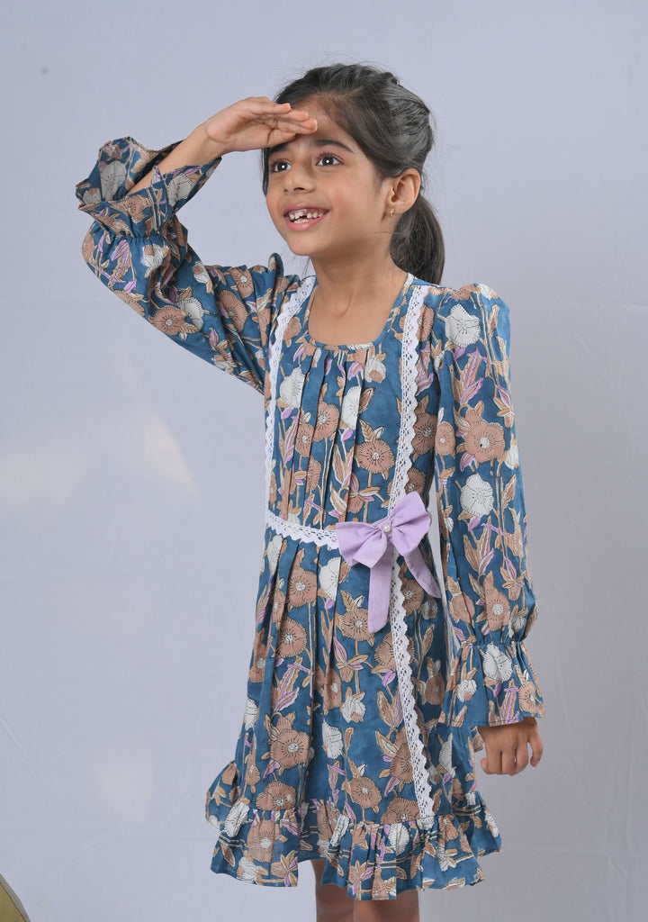 Teal Alice Floral Dress with bow and lace detailing | Made To Order