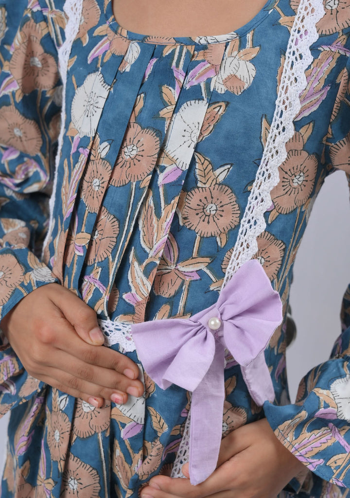 Teal Alice Floral Dress with bow and lace detailing | Made To Order