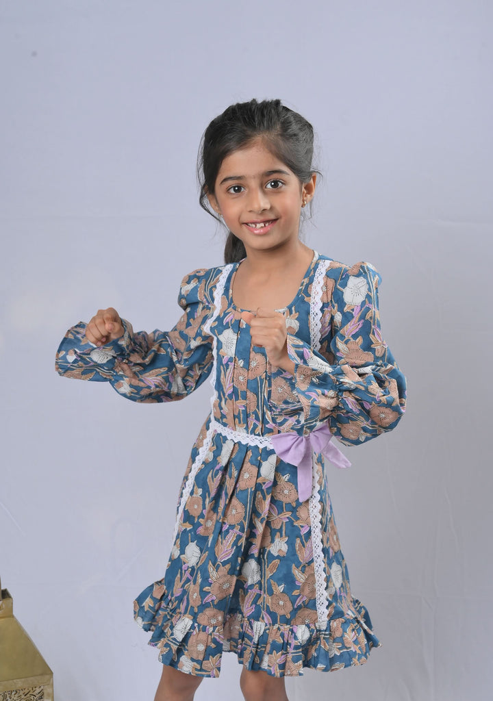 Teal Alice Floral Dress with bow and lace detailing | Made To Order