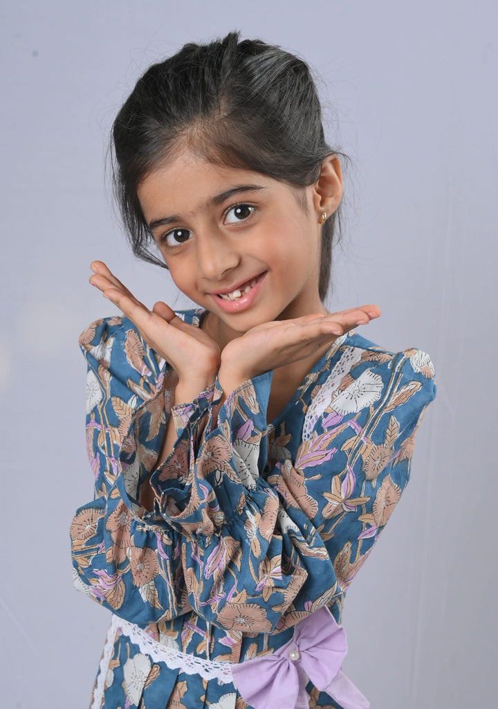 Teal Alice Floral Dress with bow and lace detailing | Made To Order