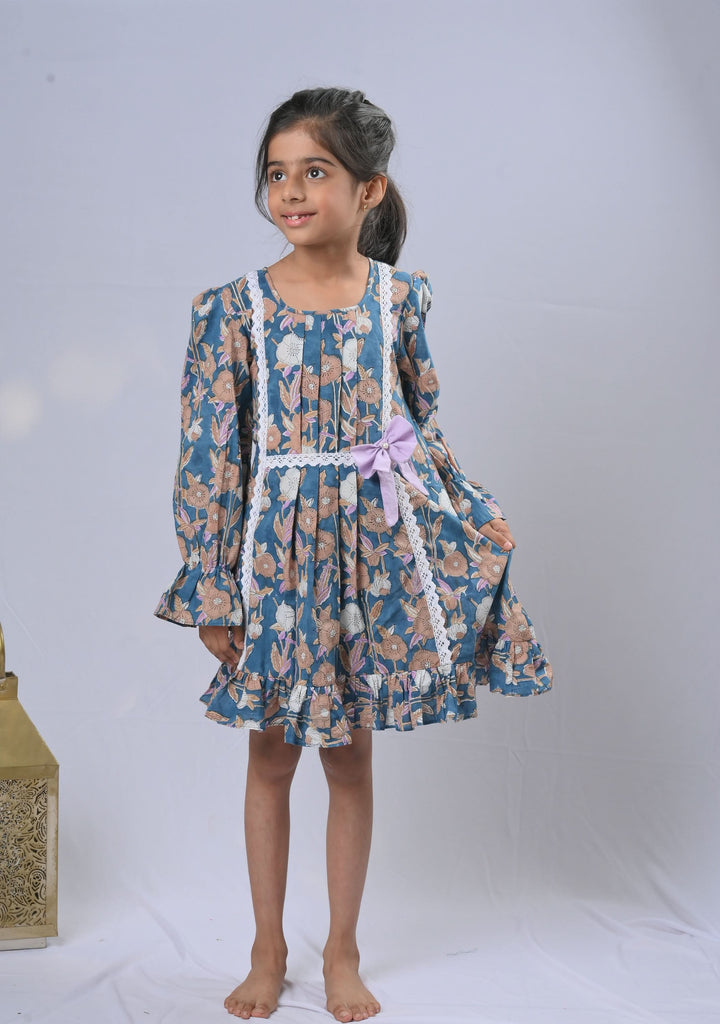 Teal Alice Floral Dress with bow and lace detailing | Made To Order