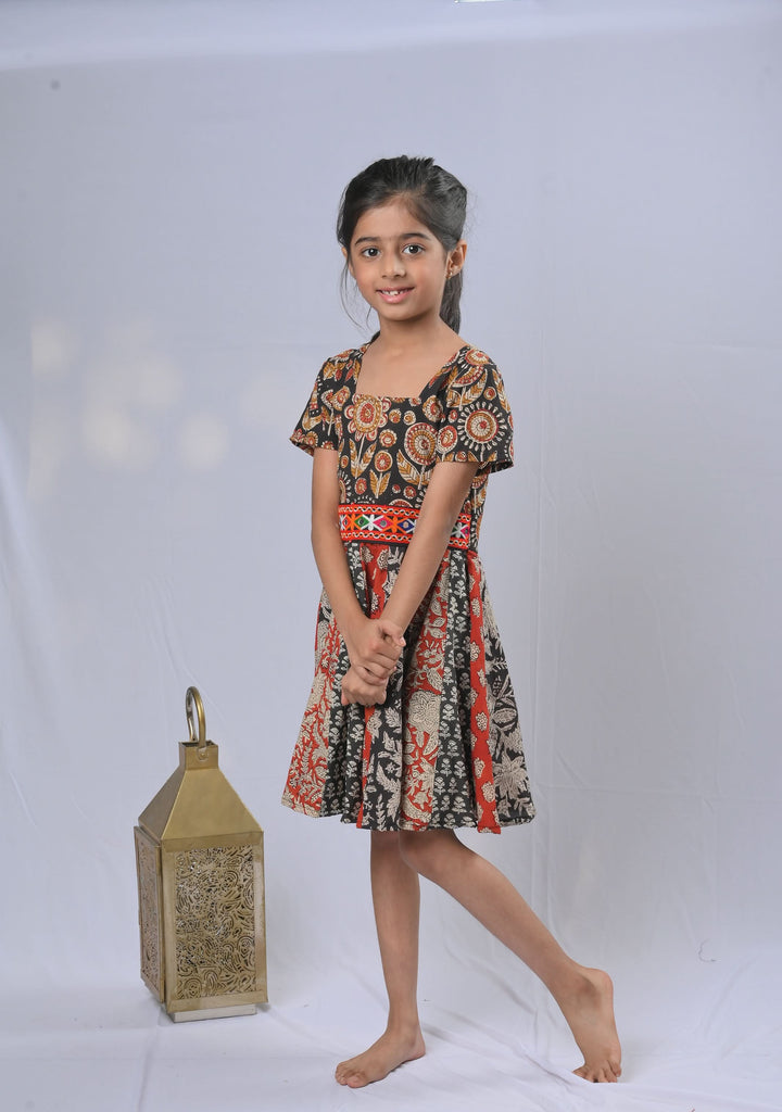 Shades of red and black Kalamkari Panel Dress with Kutch embroidery lace | Made To Order