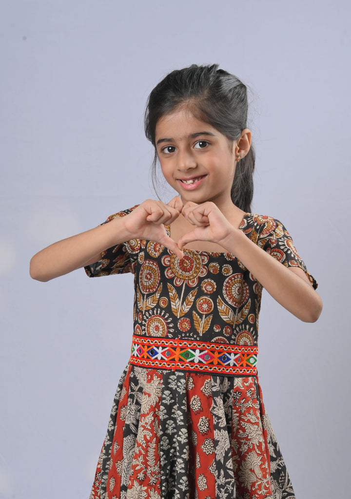 Shades of red and black Kalamkari Panel Dress with Kutch embroidery lace | Made To Order