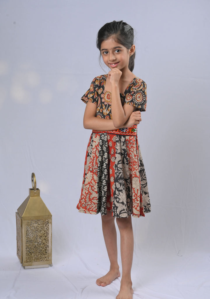 Shades of red and black Kalamkari Panel Dress with Kutch embroidery lace | Made To Order