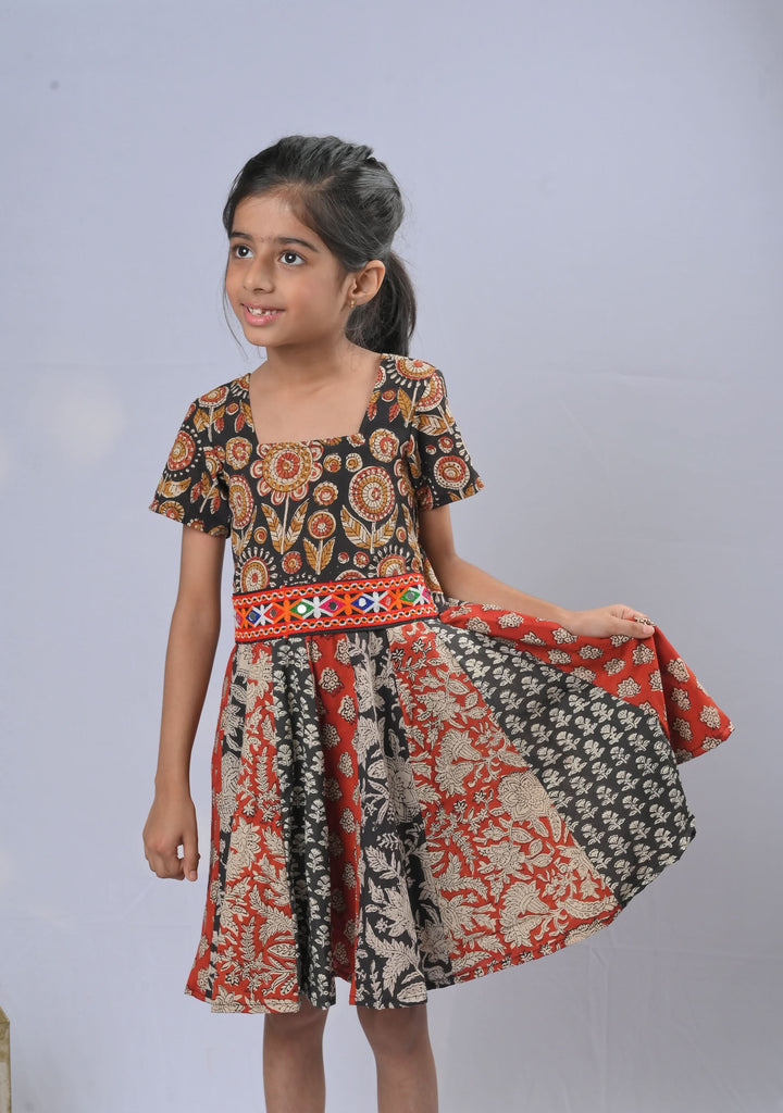 Shades of red and black Kalamkari Panel Dress with Kutch embroidery lace | Made To Order