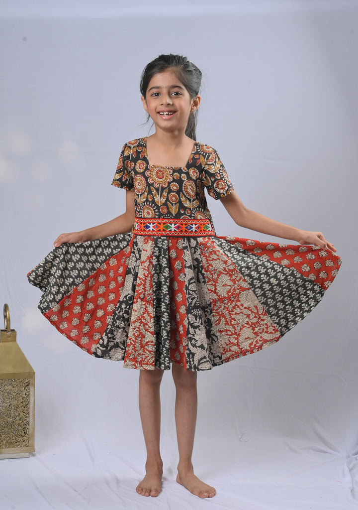 Shades of red and black Kalamkari Panel Dress with Kutch embroidery lace | Made To Order