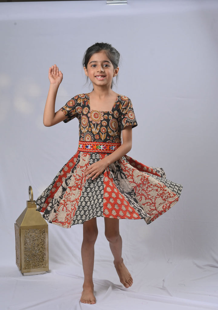 Shades of red and black Kalamkari Panel Dress with Kutch embroidery lace | Made To Order