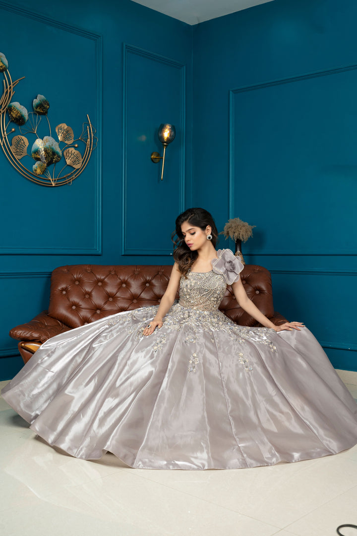 Silver Stunner Extravagantly Flared Gown with embroidery, Customizable, Made to Order
