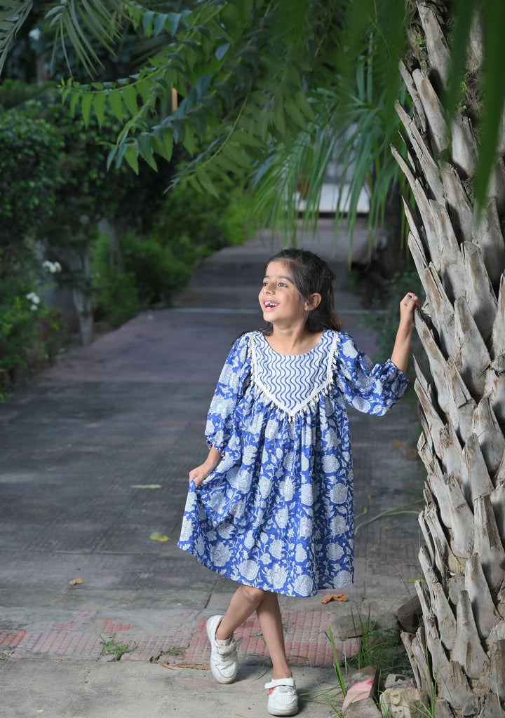 Blue and White Ocean Wave Dress with pearl hangings | Made To Order