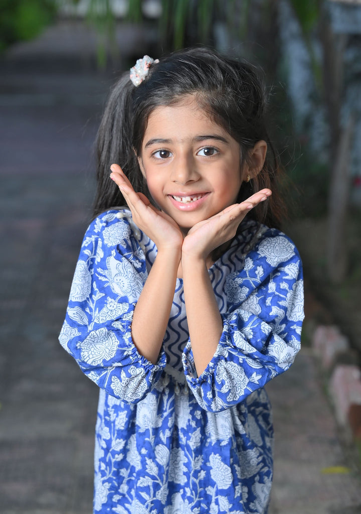 Blue and White Ocean Wave Dress with pearl hangings | Made To Order