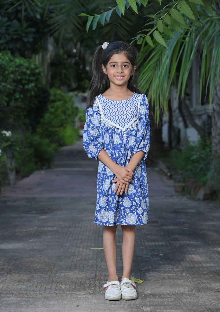 Blue and White Ocean Wave Dress with pearl hangings | Made To Order