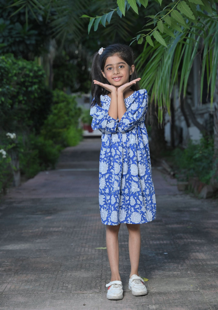 Blue and White Ocean Wave Dress with pearl hangings | Made To Order