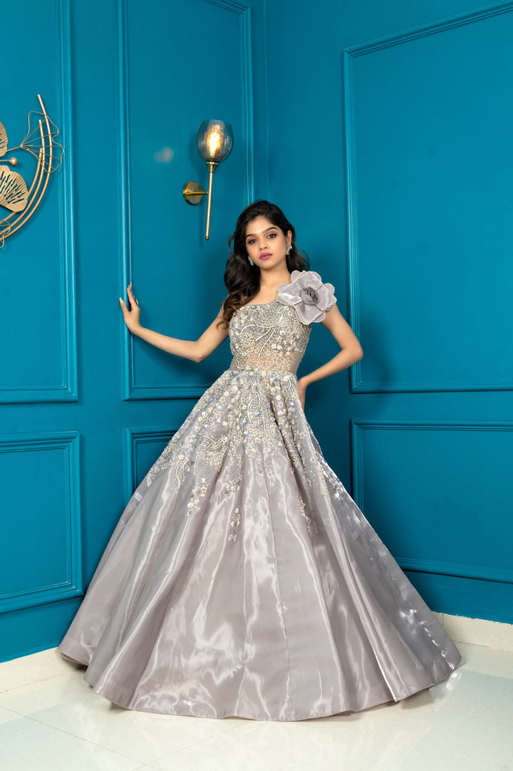 Silver Stunner Extravagantly Flared Gown with embroidery, Customizable, Made to Order