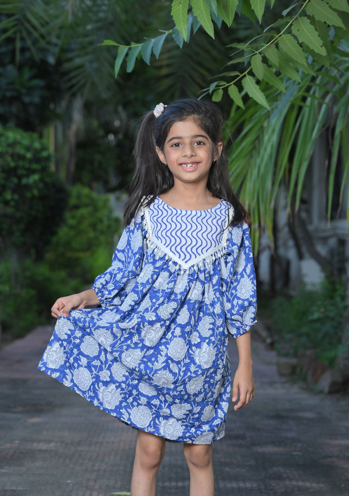 Blue and White Ocean Wave Dress with pearl hangings | Made To Order