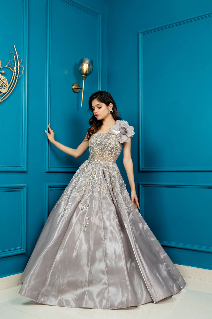 Silver Stunner Extravagantly Flared Gown with embroidery, Customizable, Made to Order