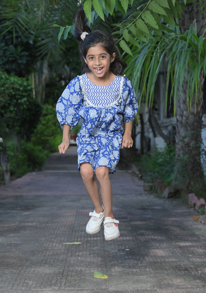 Blue and White Ocean Wave Dress with pearl hangings | Made To Order