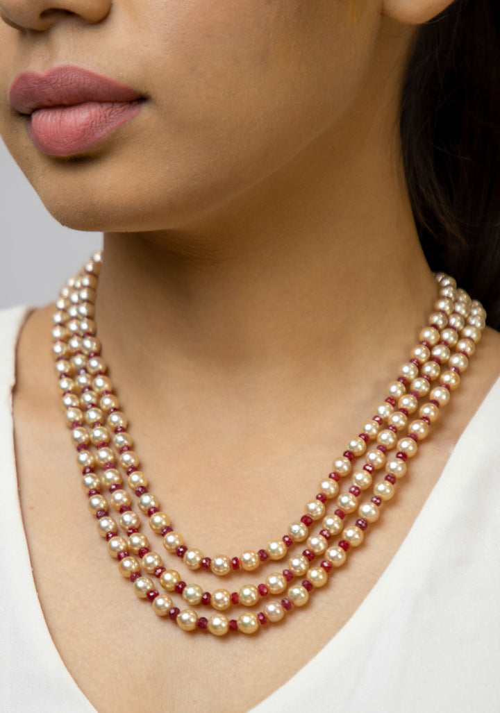Gold Tone Real Pearls 3 strand necklace with alternating real ruby beads
