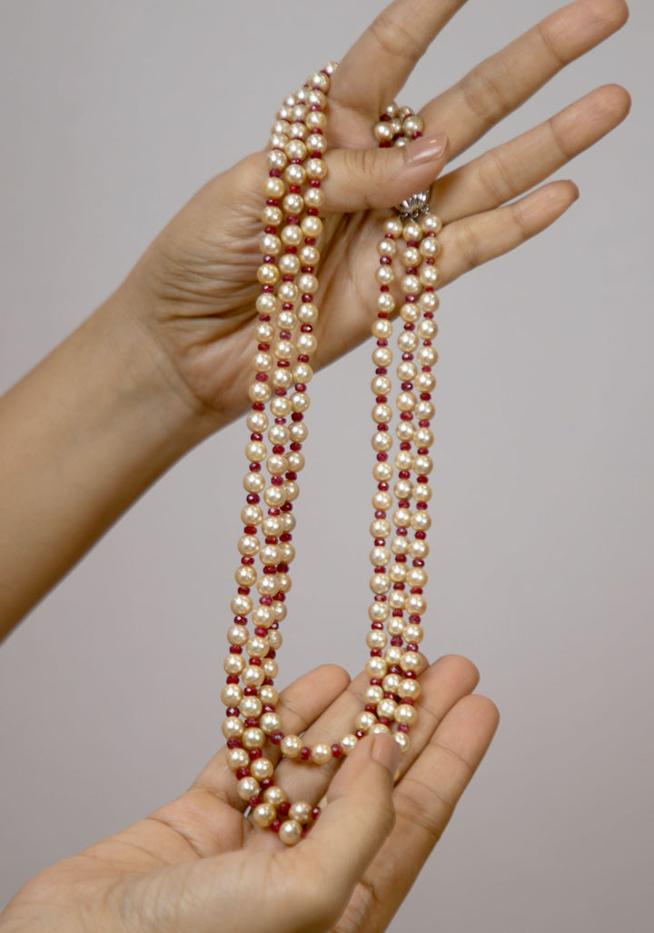 Gold Tone Real Pearls 3 strand necklace with alternating real ruby beads