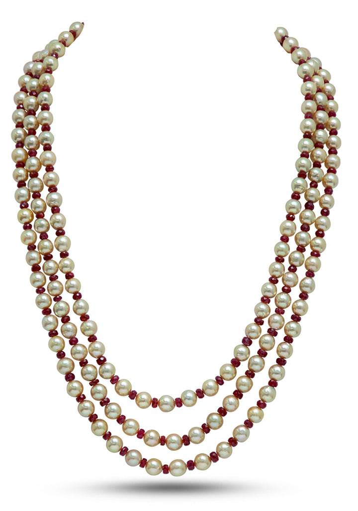 Gold Tone Real Pearls 3 strand necklace with alternating real ruby beads