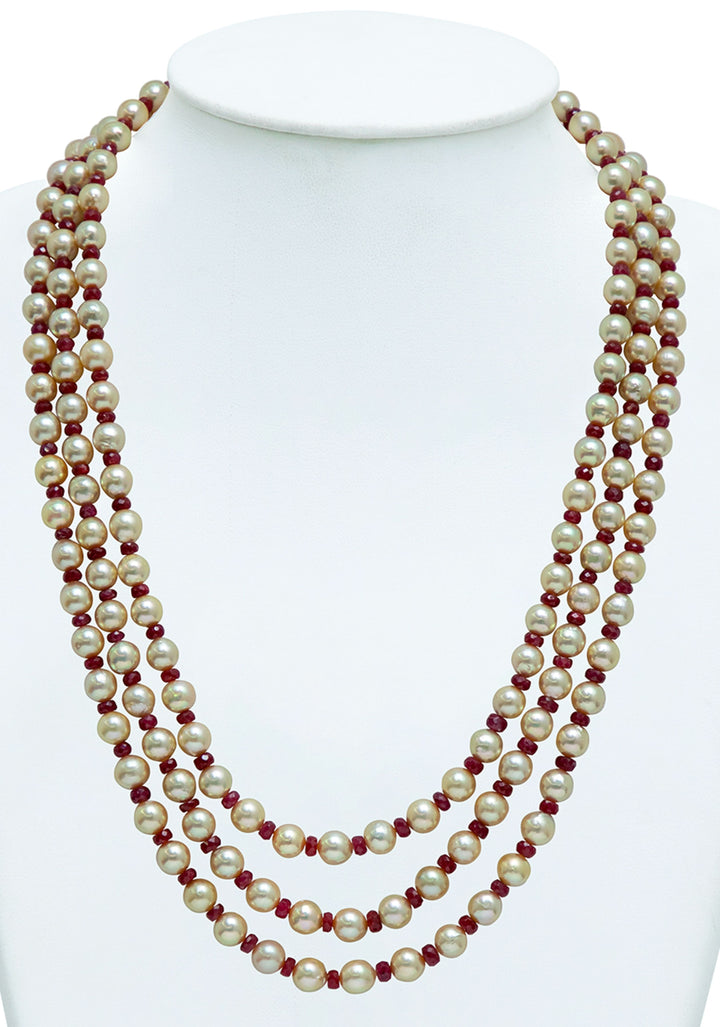 Gold Tone Real Pearls 3 strand necklace with alternating real ruby beads