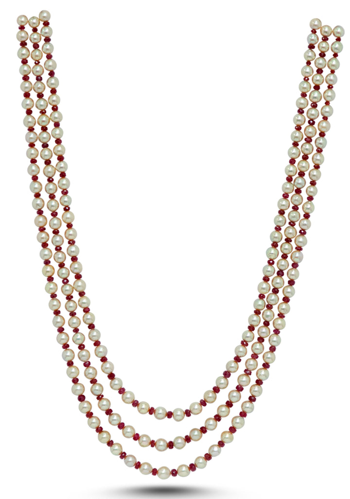Gold Tone Real Pearls 3 strand necklace with alternating real ruby beads