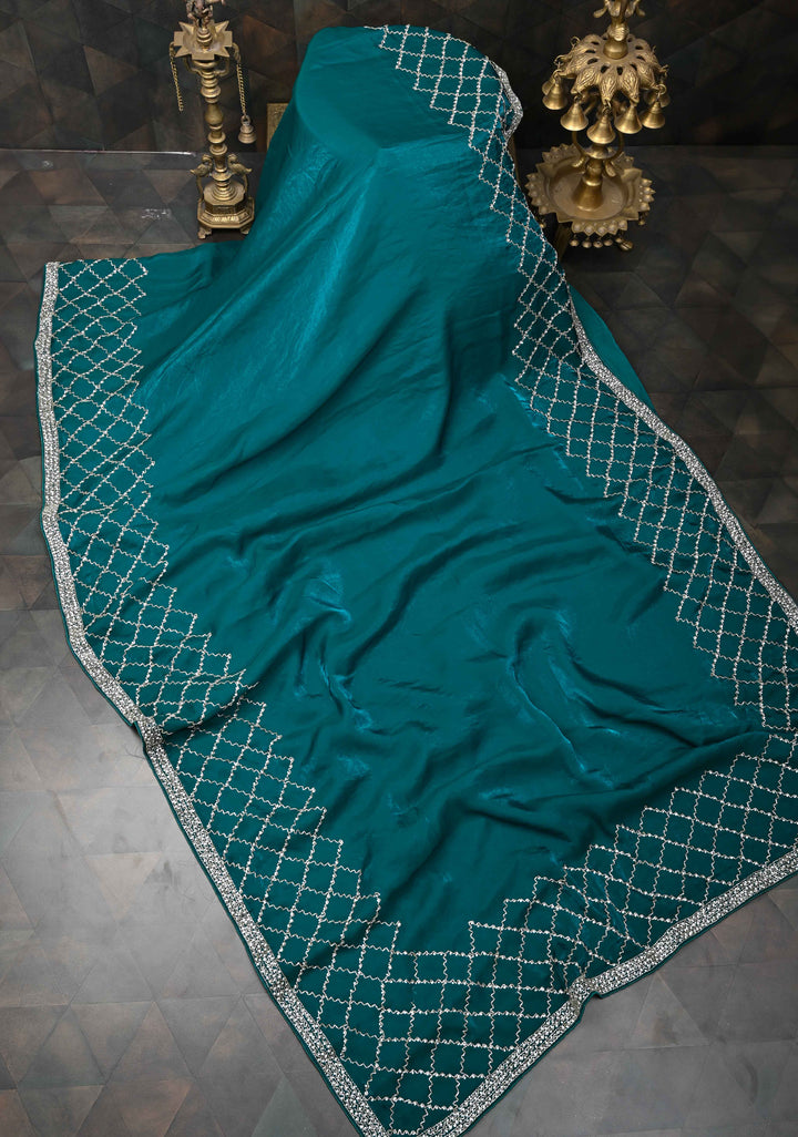 Rama Green Shimmer Georgette Saree with Cutdana and Stone Work