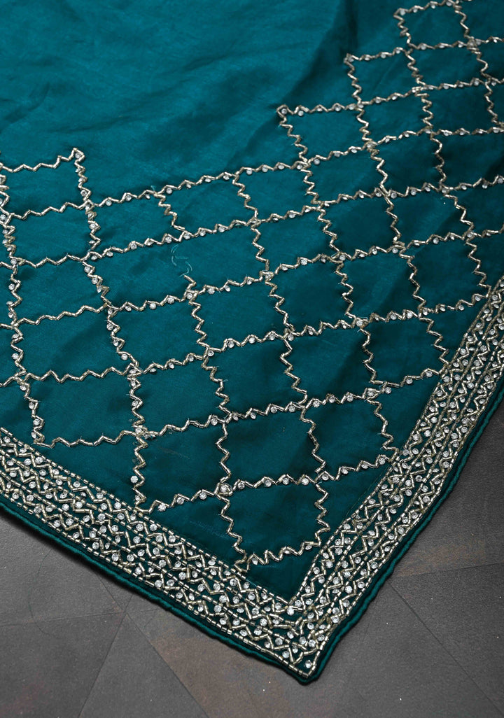 Rama Green Shimmer Georgette Saree with Cutdana and Stone Work